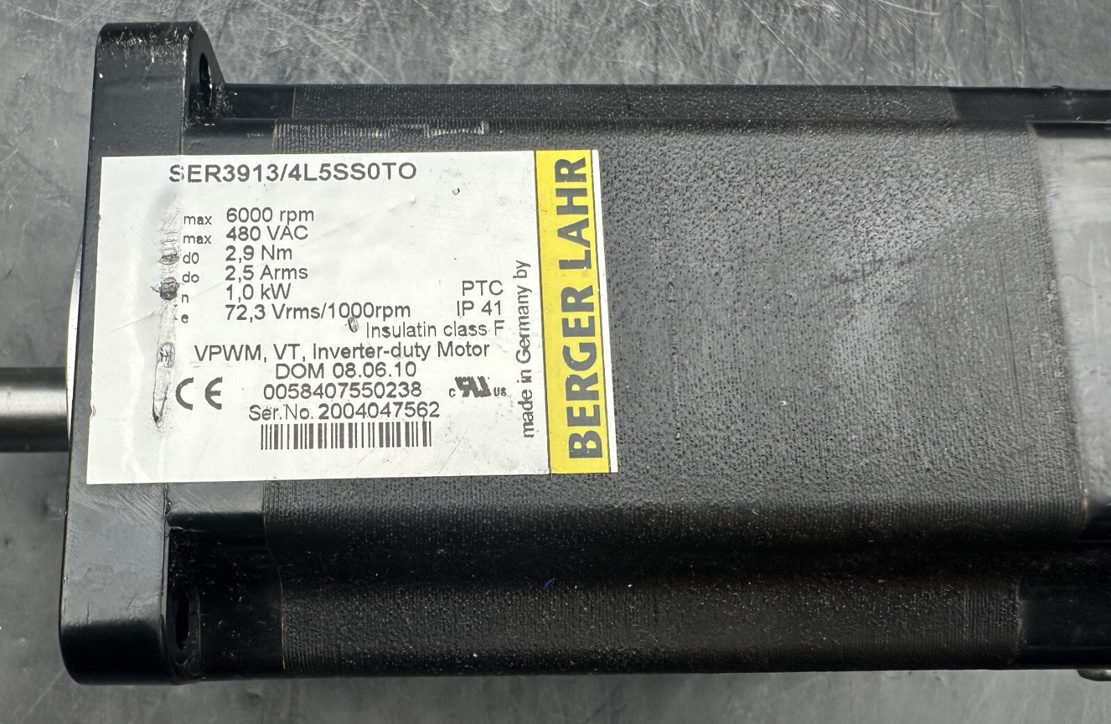 BERGER LAHR SER3913/4L5SS0TO 1.0kW 6000 RPM 480 VAC 2.9 Nm SERVO MOTOR - KLR Automation
