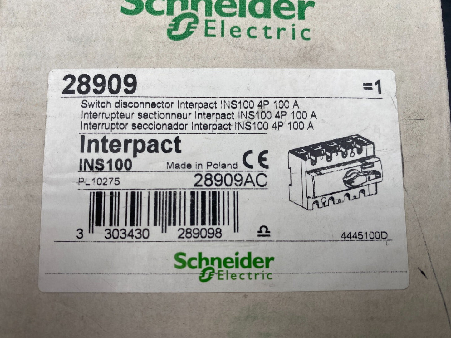 SCHNEIDER ELECTRIC 28909 INS 100 INTERPACT 250V 4PS - KLR Automation