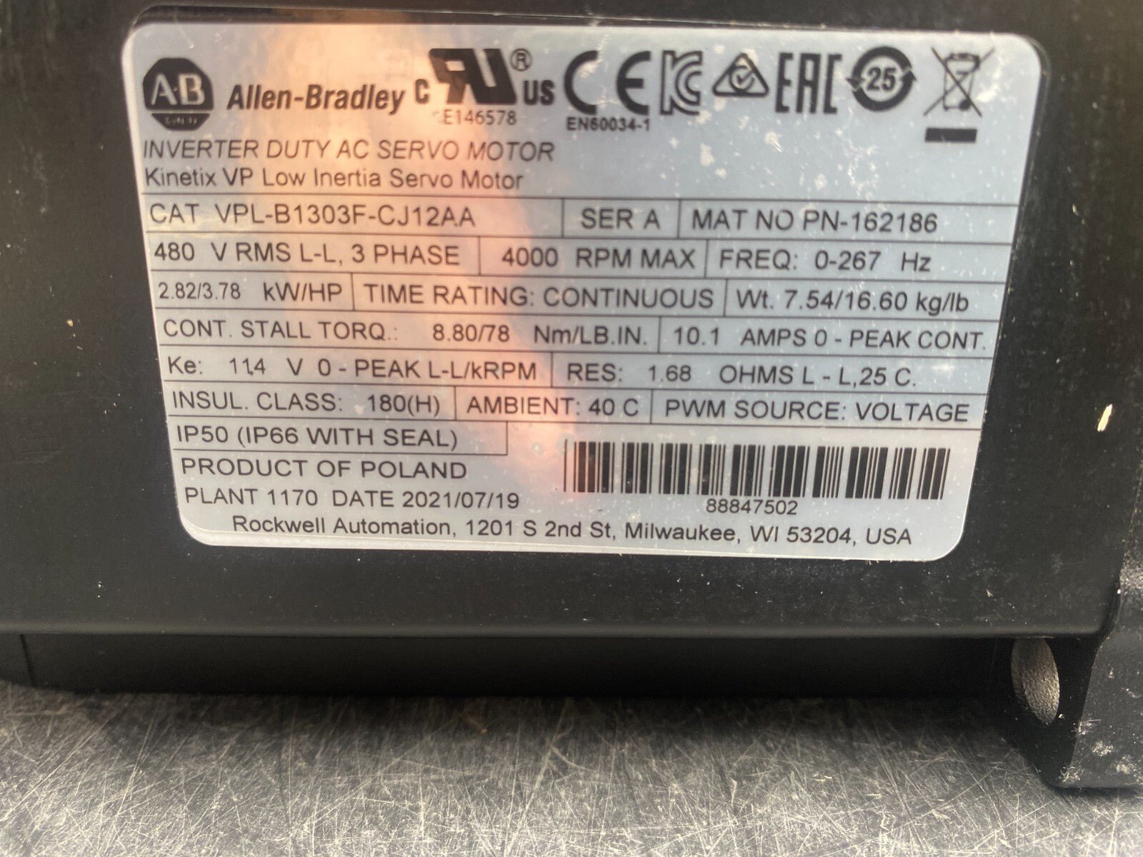 ALLEN - BRADLEY VPL - B1303F - CJ12AA INVERTER DUTY AC SERVO MOTOR 3PH 480V 4000 RPM - KLR Automation
