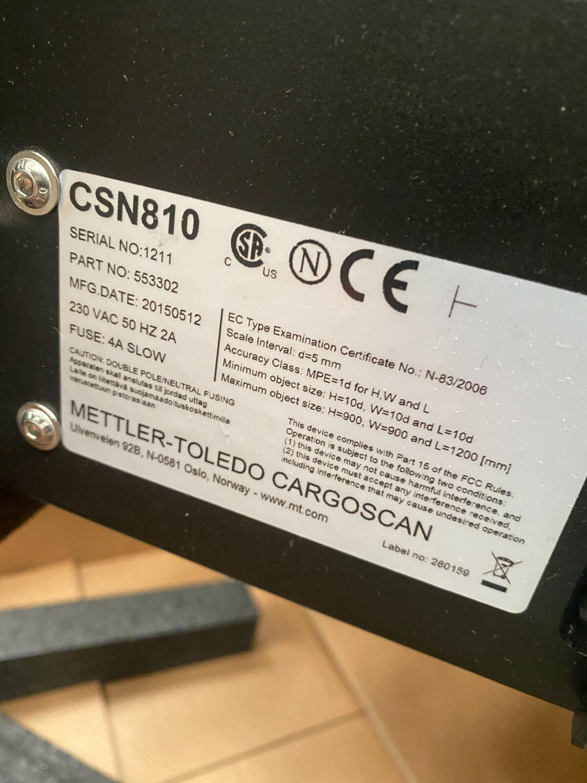 Mettler Toledo CargoScan Dimensioning CSN810 Scanner 230vac kit - KLR Automation