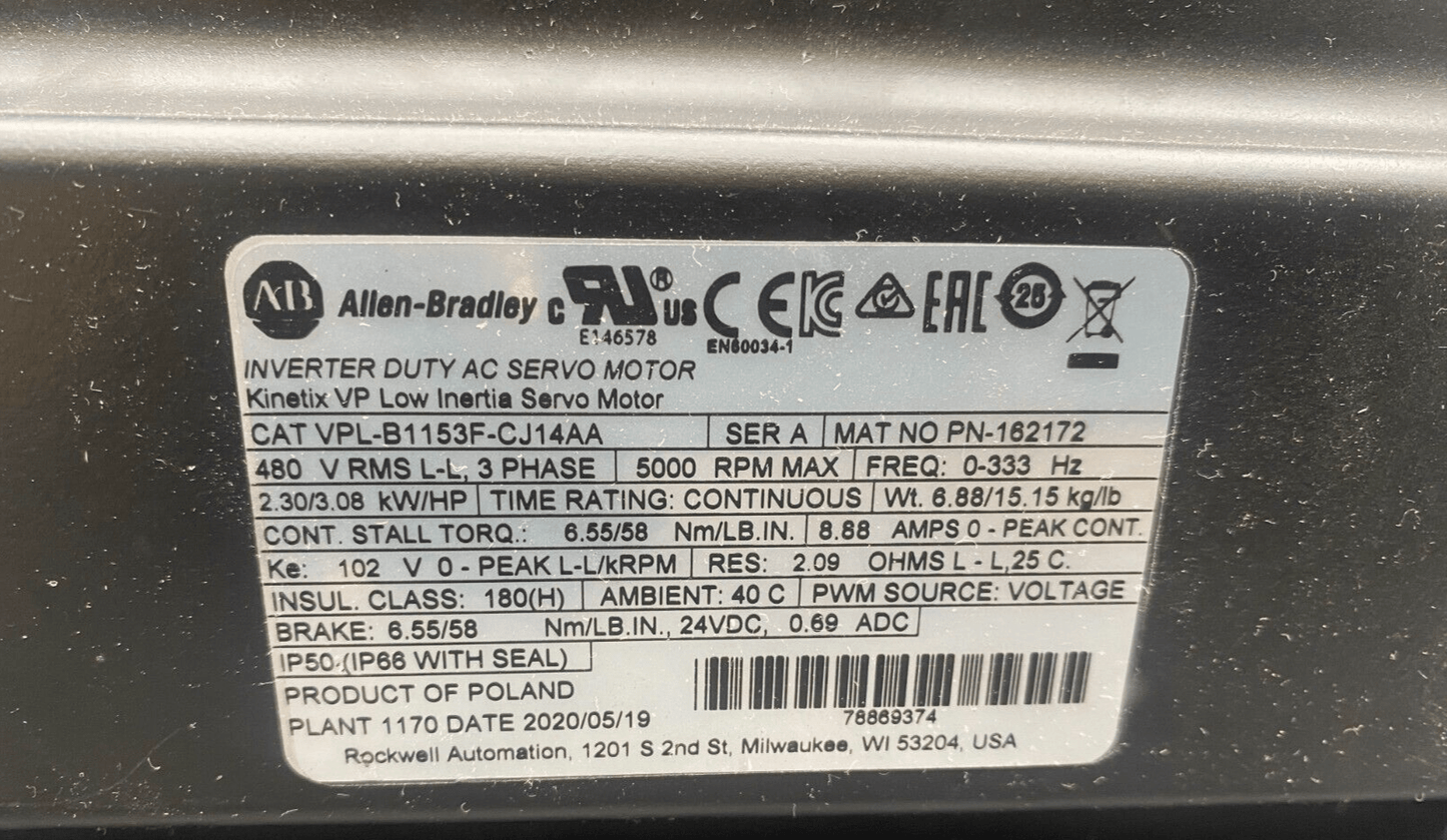 ALLEN BRADLEY VPL - B1153F - CJ14AA SERIE A 3 PHASE 5000 RPM AC SERVO MOTOR KINETIX - KLR Automation