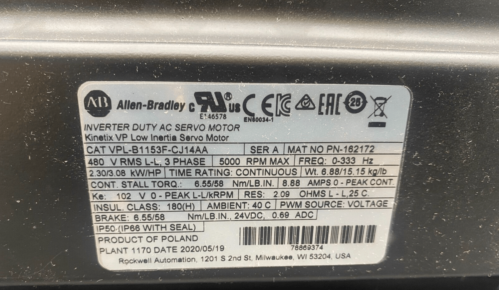 ALLEN BRADLEY VPL - B1153F - CJ14AA SERIE A 3 PHASE 5000 RPM AC SERVO MOTOR KINETIX - KLR Automation