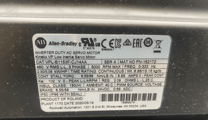 ALLEN BRADLEY VPL - B1153F - CJ14AA SERIE A 3 PHASE 5000 RPM AC SERVO MOTOR KINETIX - KLR Automation