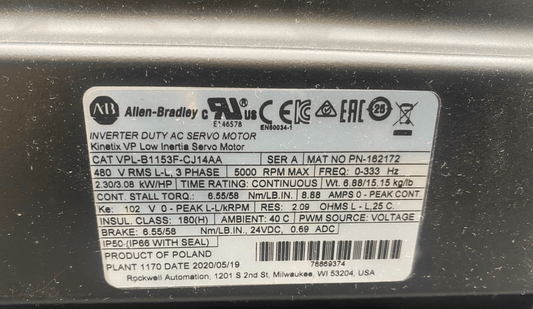 ALLEN BRADLEY VPL - B1153F - CJ14AA SERIE A 3 PHASE 5000 RPM AC SERVO MOTOR KINETIX - KLR Automation