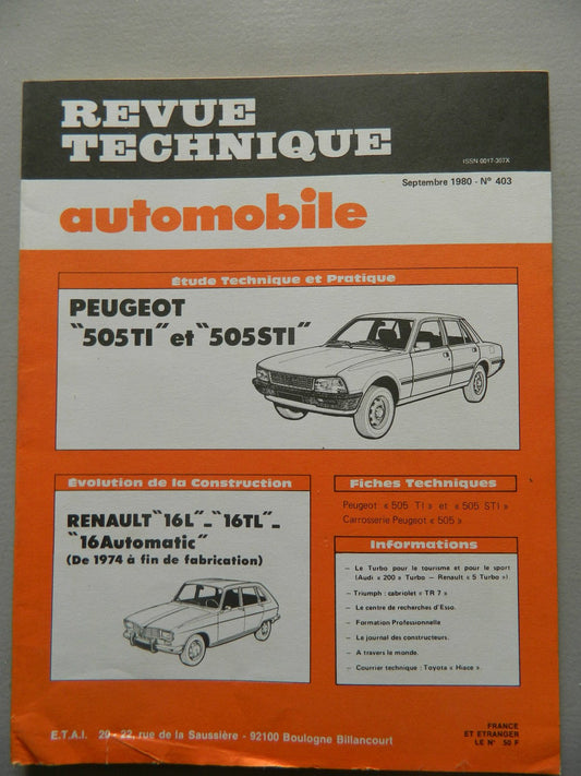 RTA revue technique automobile comme neuf n 403 Peugeot 505 TI - STI - KLR Automation