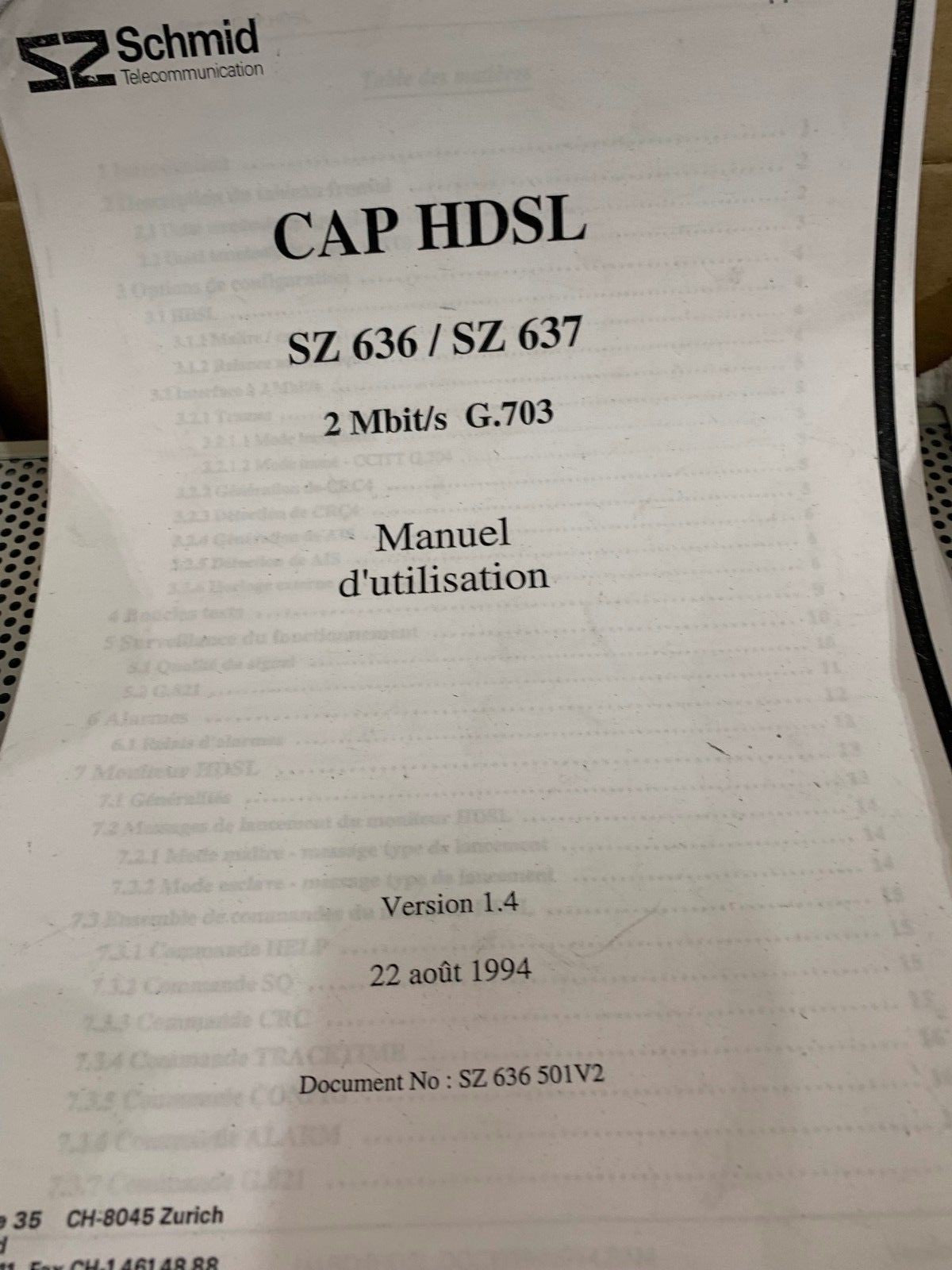 SZ Schmid SZ 637 V11 Telecom CAP HDSL - KLR Automation