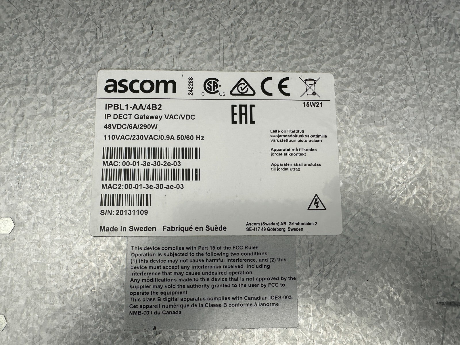 ASCOM IPBL1 - AA/4B2 IP DECT GATEWAY VAC/VDC 48VDC/6A/290W - KLR Automation