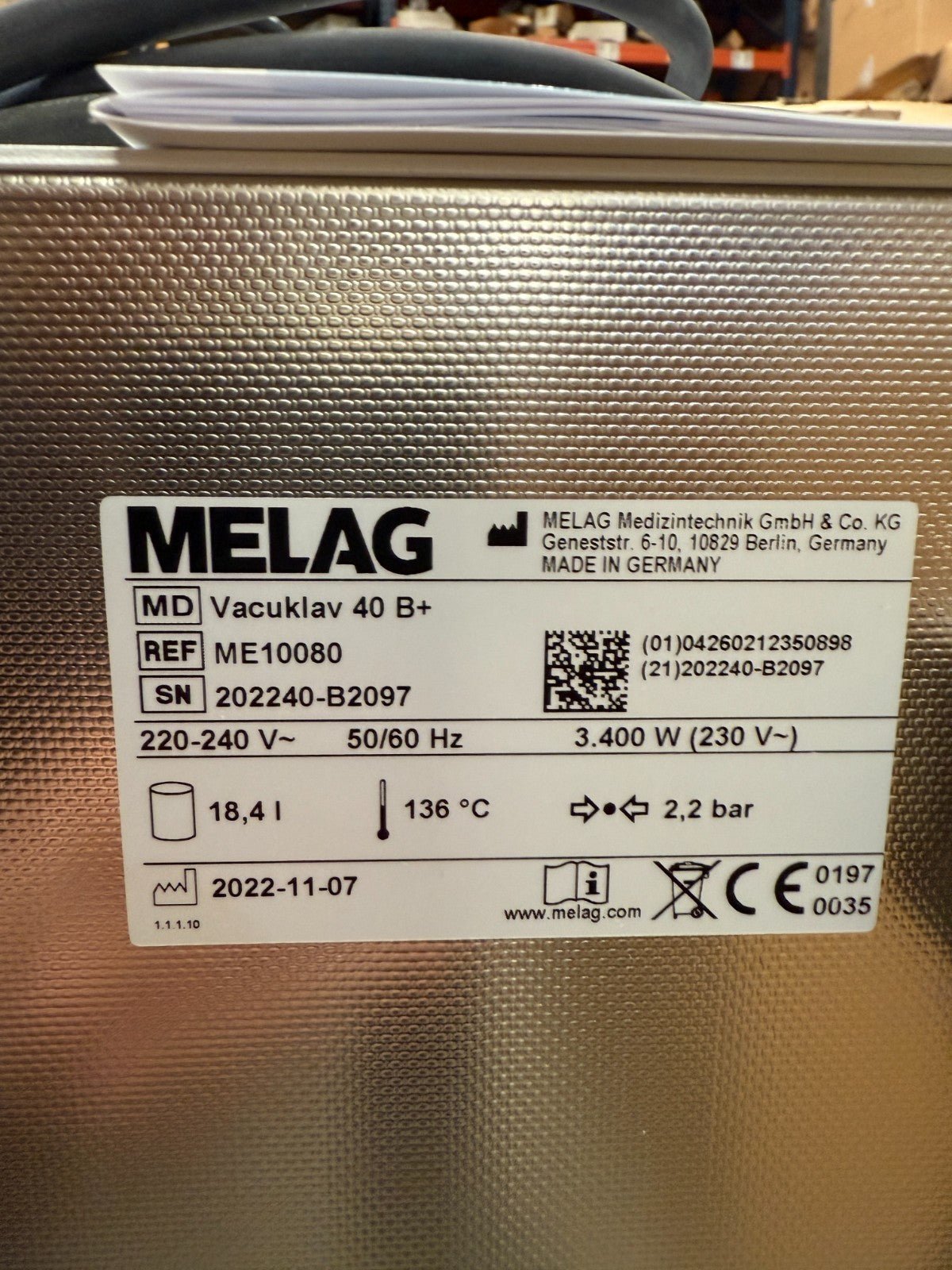 Melag vacuklav 40 B+ ME10080 Autoclave Classe B Stérilisateur Médical Dentaire - KLR Automation