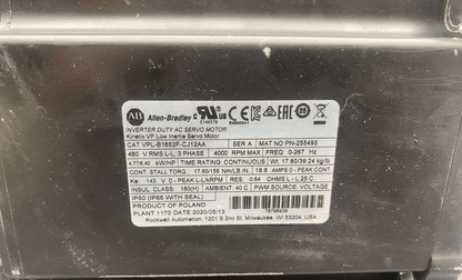 ALLEN BRADLEY VPL - B1652F - CJ12AA SERIE A 3 PHASE 4000 RPM AC SERVO MOTOR KINETIX - KLR Automation