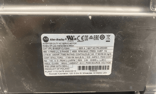 ALLEN BRADLEY VPL - B1652F - CJ12AA SERIE A 3 PHASE 4000 RPM AC SERVO MOTOR KINETIX - KLR Automation