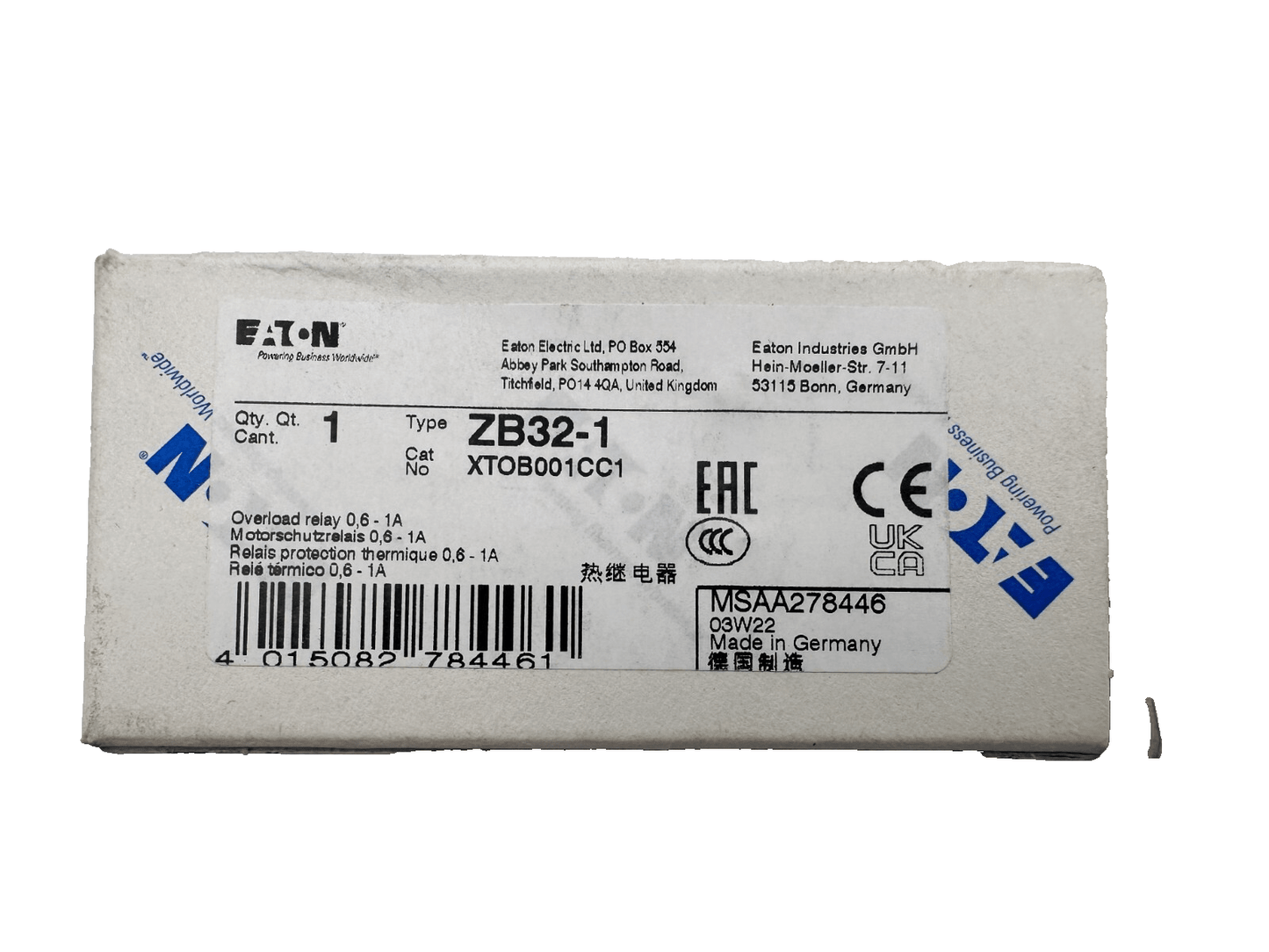 EATON MOELLER ZB32 - 0.6 + ZB32 - 4 + ZB32 - 1 OVERLOAD RELAY - KLR Automation