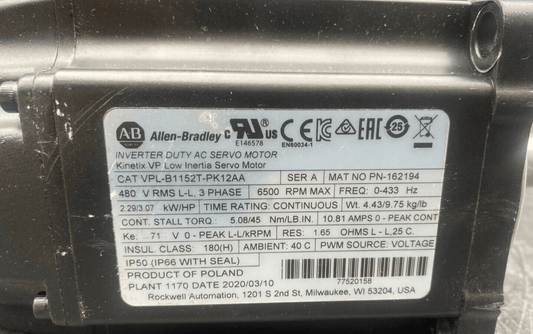 ALLEN BRADLEY VPL - B1152T - PK12AA SERIE A 3 PHASE 6500 RPM AC SERVO MOTOR KINETIX - KLR Automation