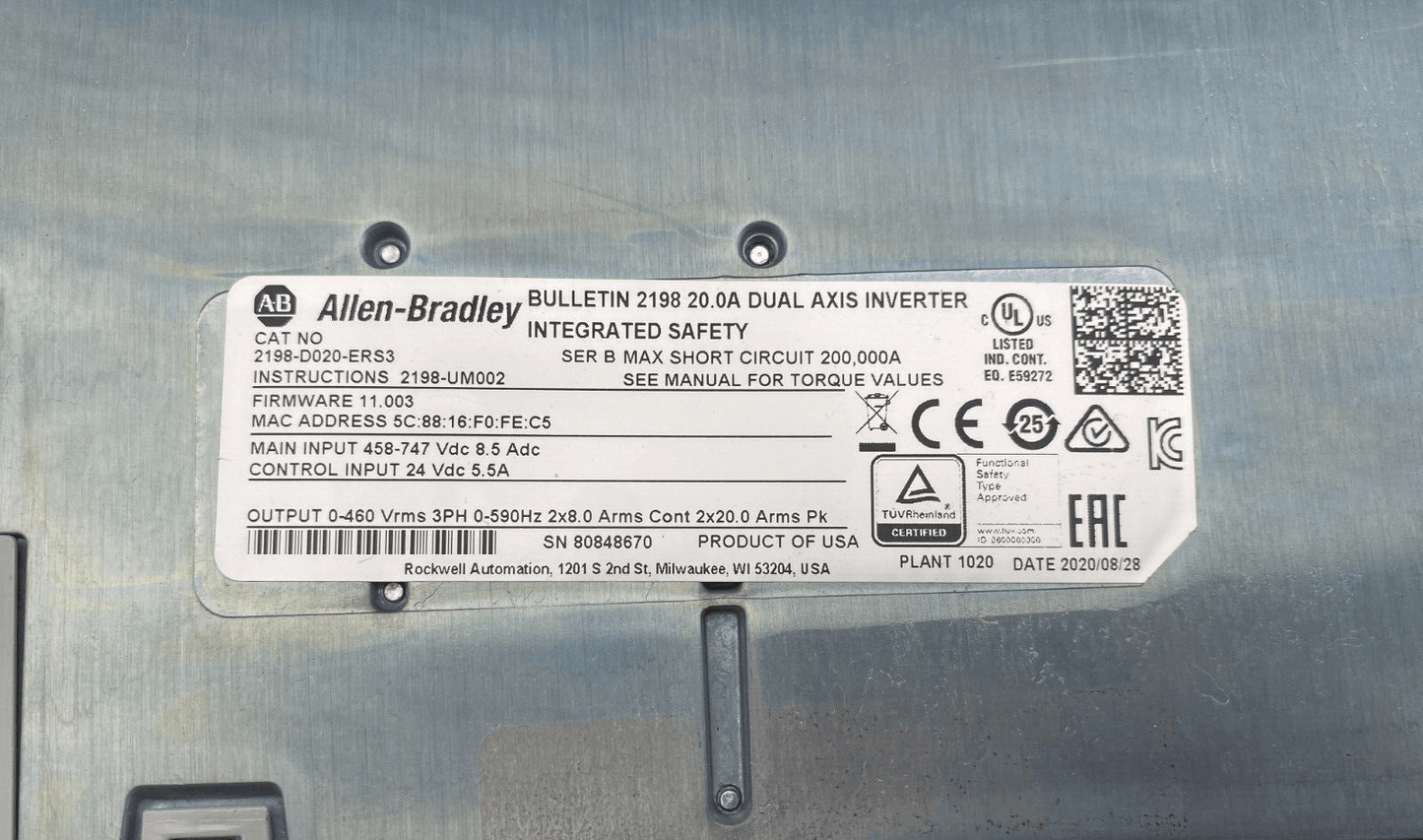 ALLEN - BRADLEY KINETIX 5700 BULLETIN 2198 20.0A 2198 - D020 - ERS3 DUAL AXIS INVERTER - KLR Automation