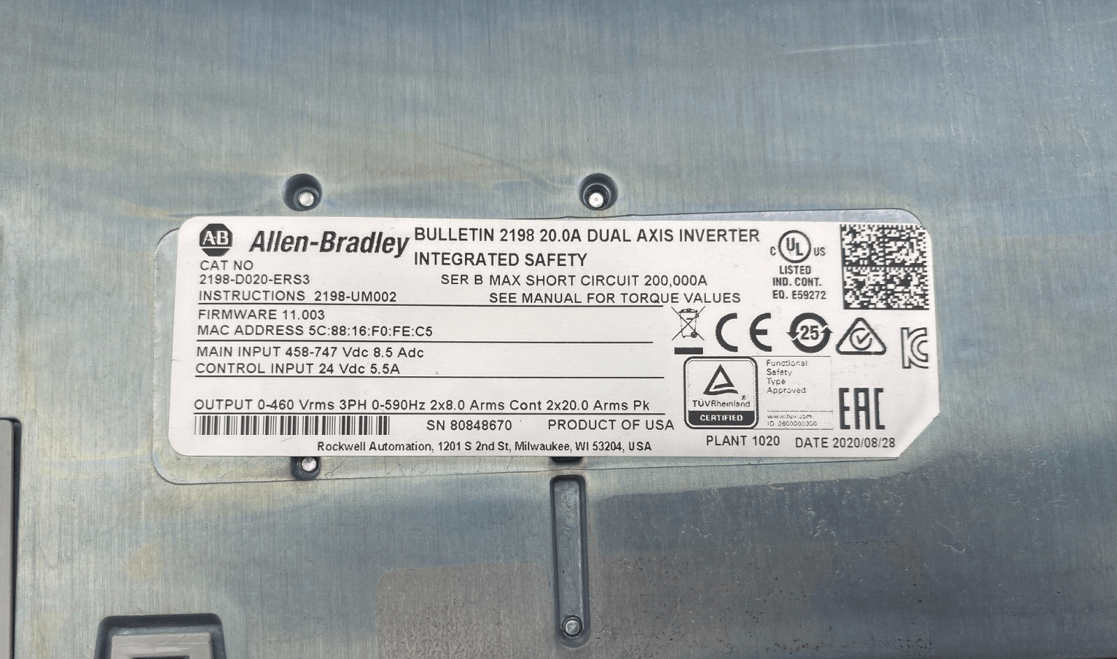 ALLEN - BRADLEY KINETIX 5700 BULLETIN 2198 20.0A 2198 - D020 - ERS3 DUAL AXIS INVERTER - KLR Automation