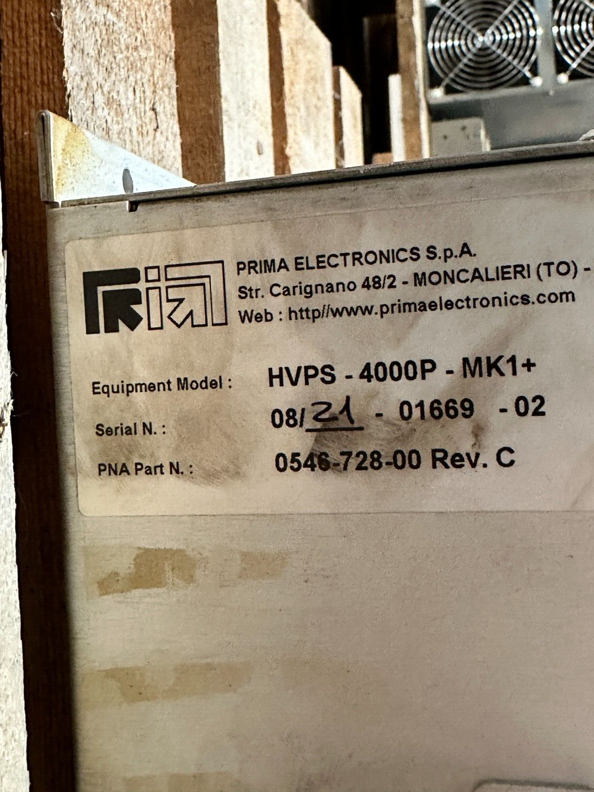 PRIMA ELECTRONICS HVPS-4000P-MK1+ P/N 041H2D00 0546-728-00 Rev. C