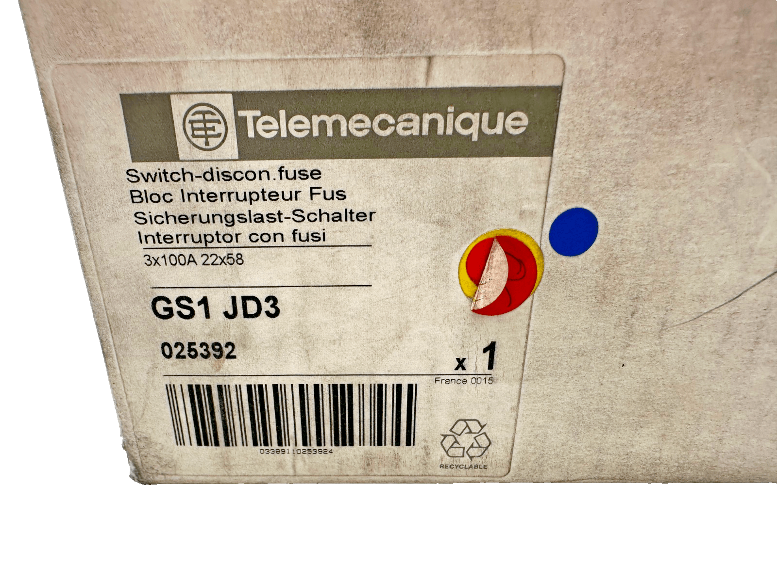TELEMECANIQUE GS1 JD3 SWITCH - DISCONNECT FUSE 3x100A 22x58 - KLR Automation