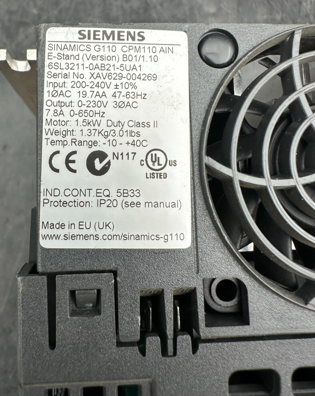 SIEMENS 6SL3211-0AB21-5UA1 SINAMICS G110 CPM110 AIN E-STAND B01/1.10 1.5kW