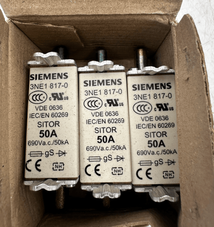 SIEMENS 3NE1817 - 0 SITOR NH000 50A 690VAC CARTOUCHE FUSIBLE x3pc - KLR Automation
