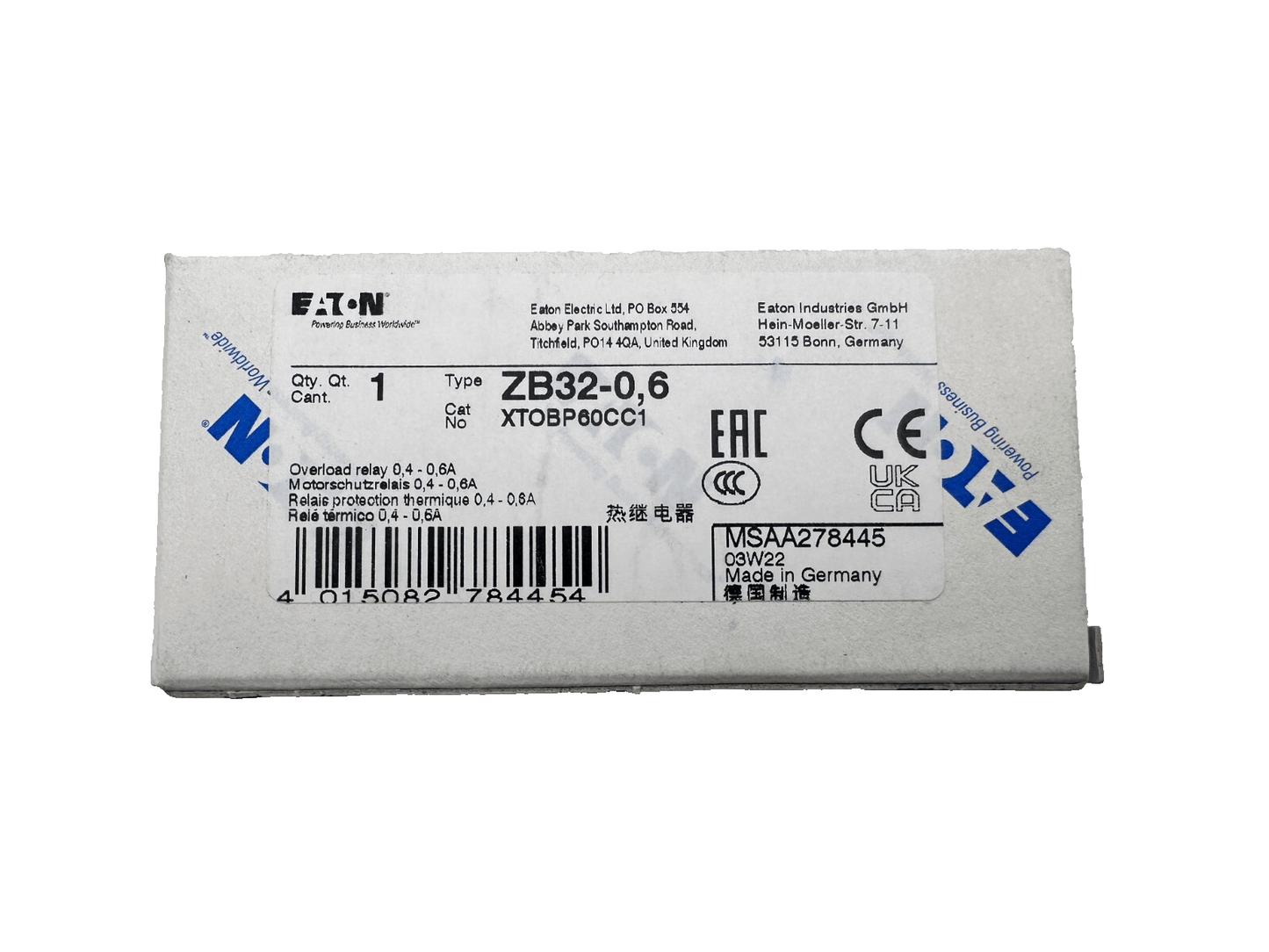 EATON MOELLER ZB32 - 0.6 + ZB32 - 4 + ZB32 - 1 OVERLOAD RELAY - KLR Automation