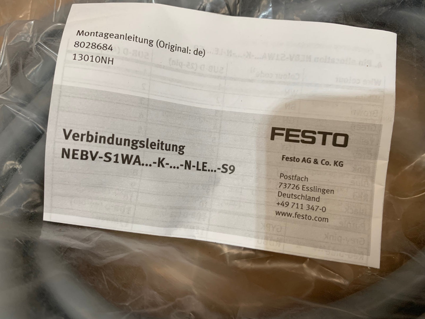 Festo 8028684 13010NH NEBV - S1WA... - K - ... - N - LE... - S9 Cable - KLR Automation
