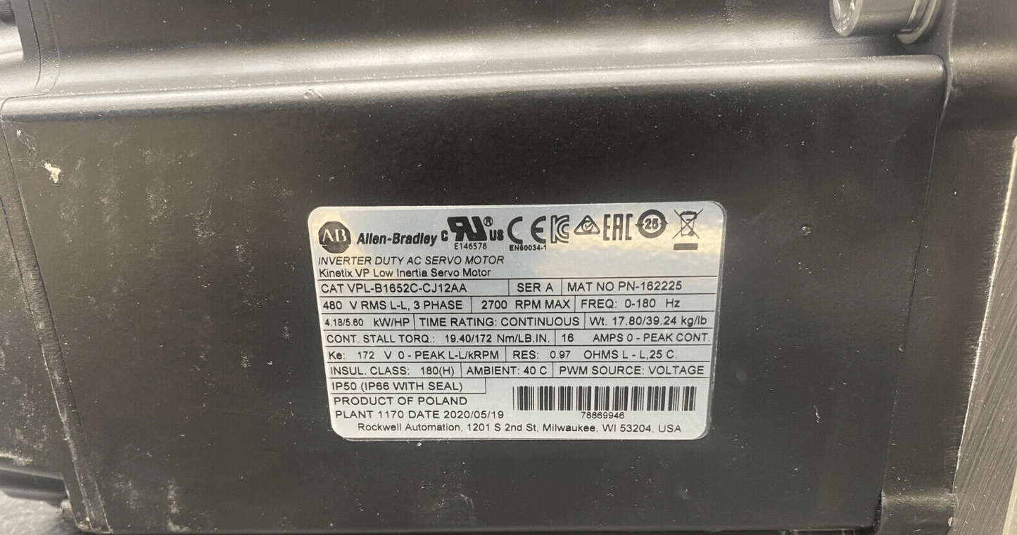 ALLEN BRADLEY VPL - B1652C - CJ12AA SERIE A 3 PHASE 2700 RPM AC SERVO MOTOR KINETIX - KLR Automation