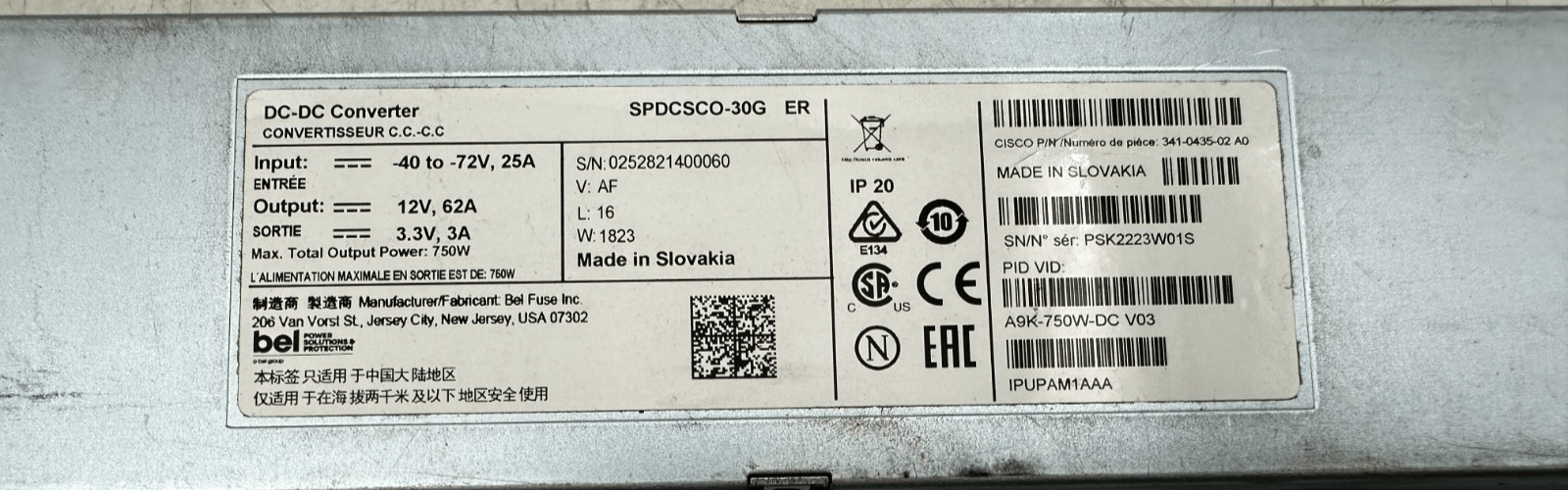 CISCO BEI SPDCSCO - 30G ER A9K - 750W - DC V03 IPUPAM1AAA DC - DC CONVERTER - KLR Automation