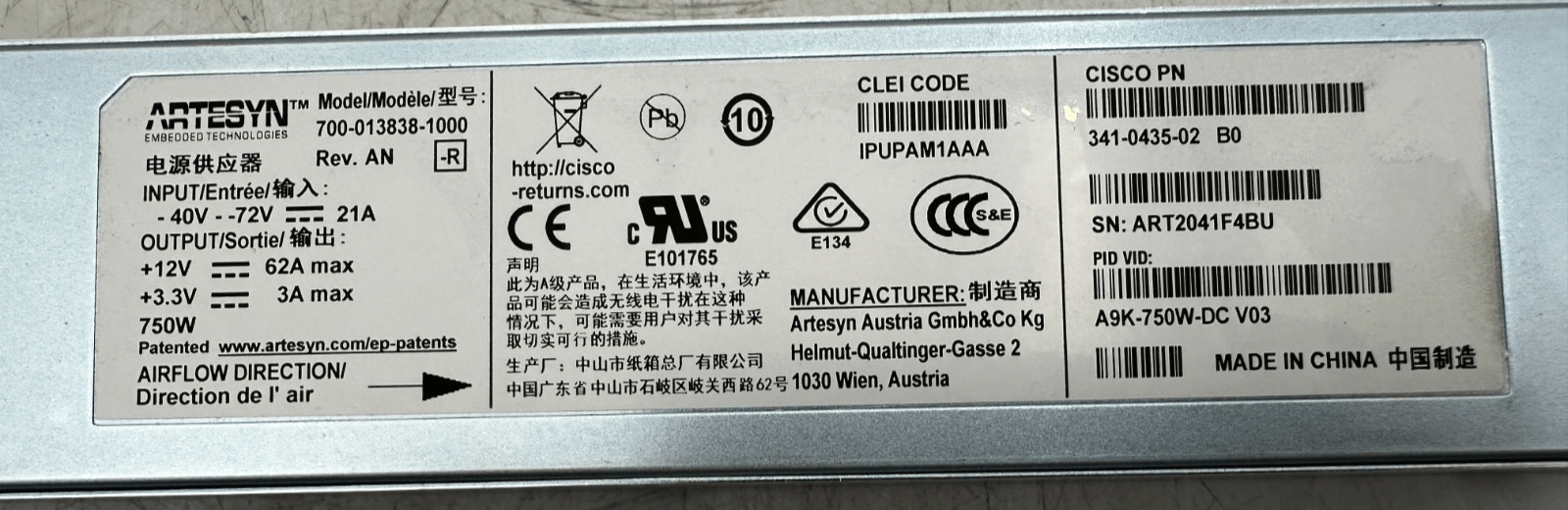 ARTESYN 700 - 013838 - 1000 A9K - 750W - DC V03 341 - 0435 - 02 750W POWER SUPPLY - KLR Automation
