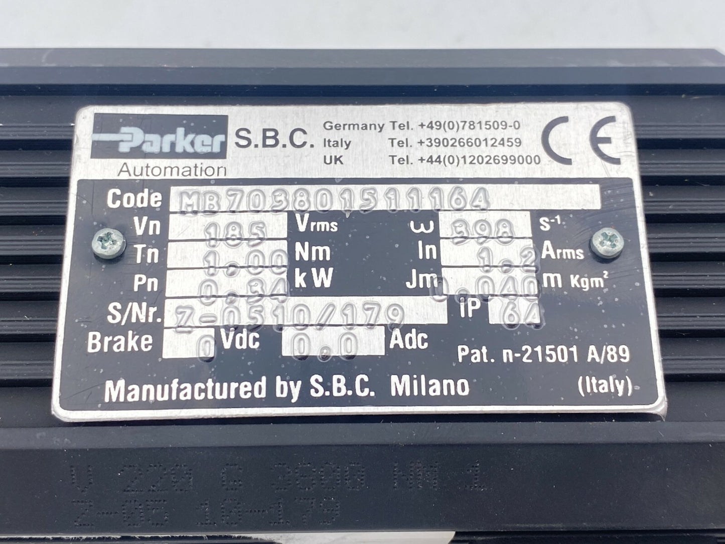 Parker Automation Motor MB MB703801511164 - KLR Automation