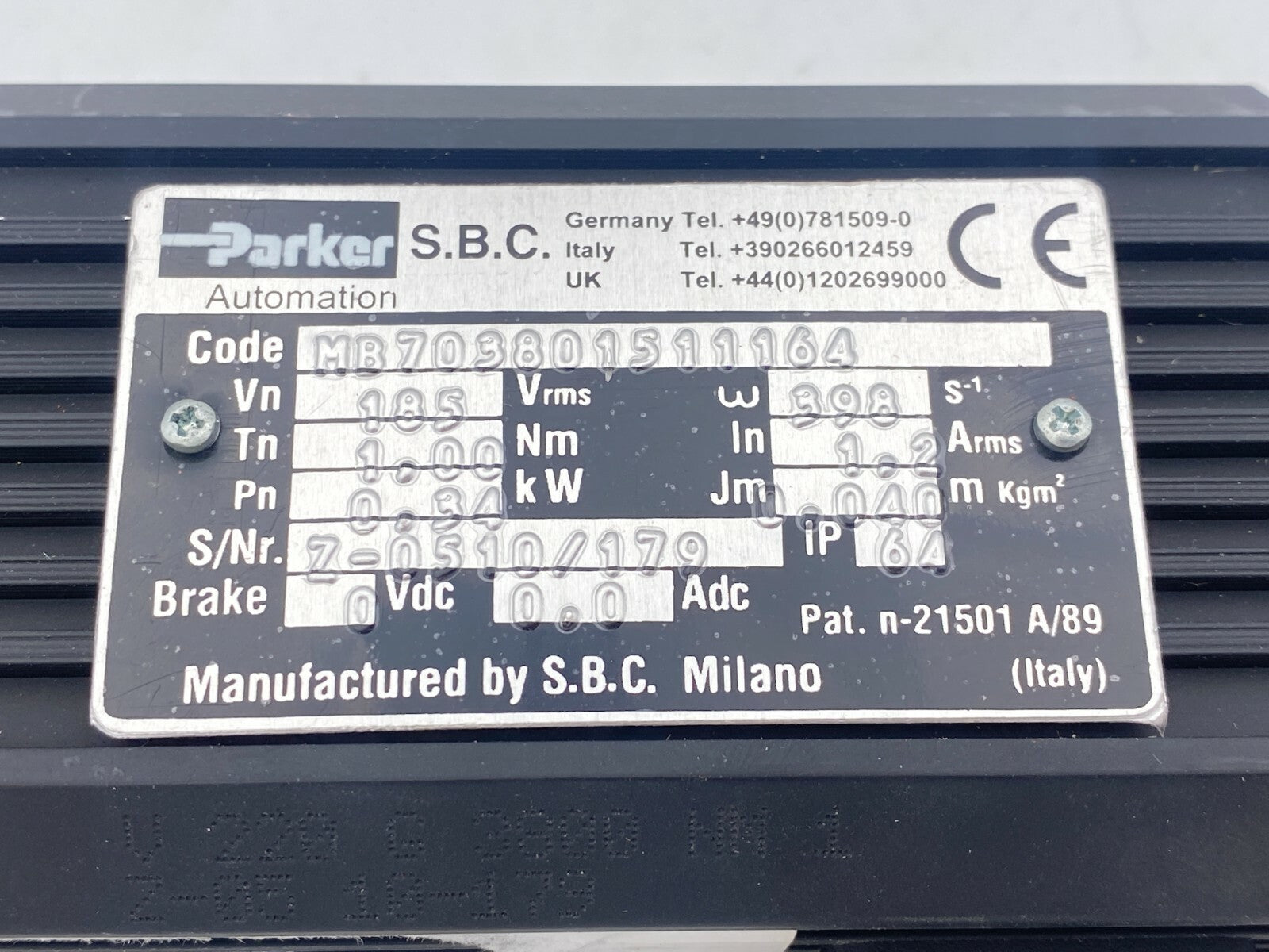 Parker Automation Motor MB MB703801511164 - KLR Automation