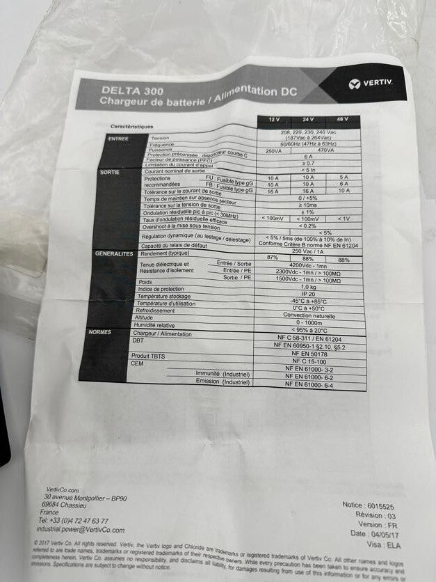 1pc x EMERSON VERTIV DELTA 300 CHARGEUR DE BATTERIE - KLR Automation