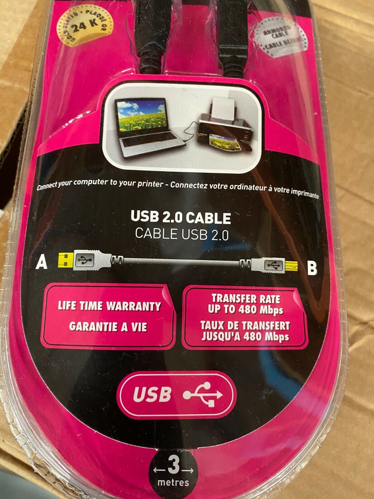 Lot de 50pc x Cable USB 2.0 A - B 3 metre plaqué OR 24k Garantie a vie OXO - KLR Automation
