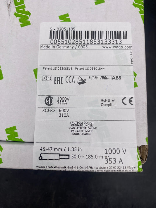 LOT DE 5 WAGO 285-1185 45-47 mm 50-185 mm² 1000V 353A BORNE DE PASSAGE POUR 2 CO