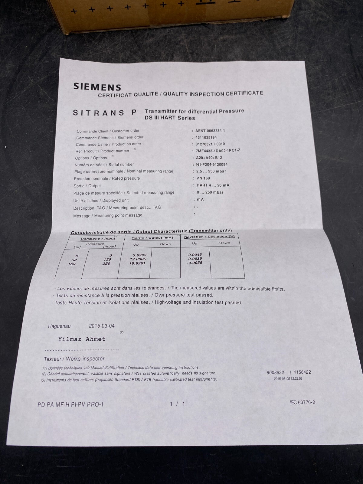 SIEMENS SITRANS P DSIII DIFFERENTIAL PRESSURE 7MF44331DA021PC1 - Z - KLR Automation
