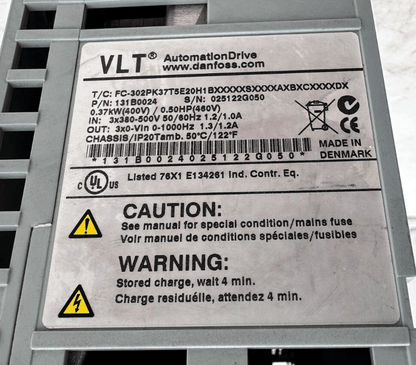 DANFOSS VLT 131B0024 FC - 302PK3T5E20H1BXXXXXSXXXXAXBXCXXXXDX 0.37kW (400V) - KLR Automation
