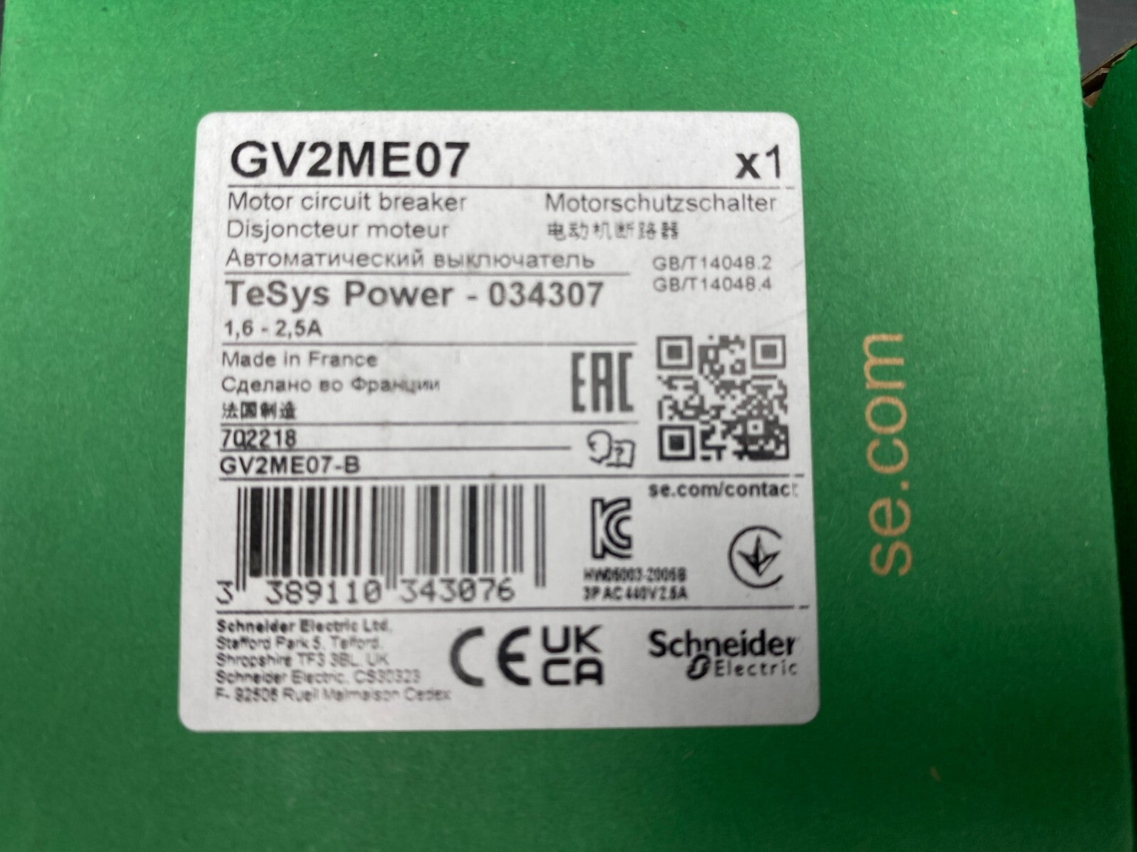 1pc x SCHNEIDER ELECTRIC GV2ME07 DISJONCTEUR MOTEUR