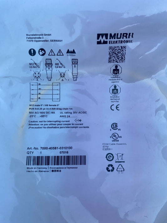 6pc x Cable MURR ELEKTRONIK 7000 - 40581 - 0310100 M12. - KLR Automation