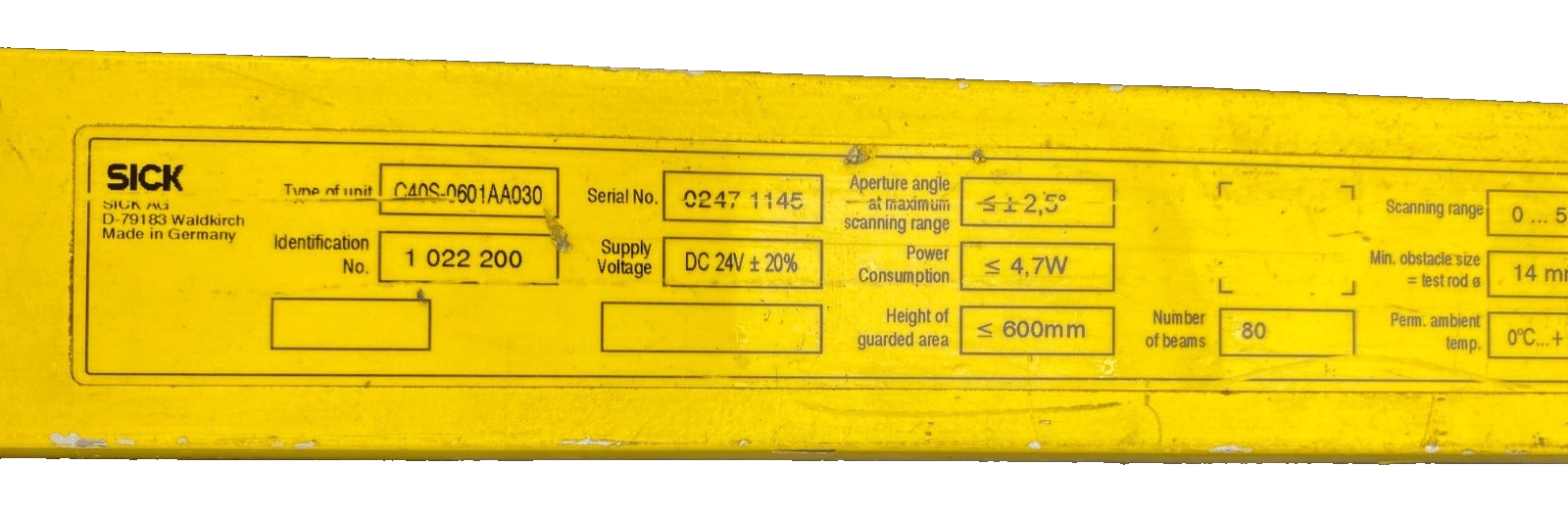 SICK C4000 C40S - 0601AA030 1022200 LIGHT CURTAIN SENDER - KLR Automation
