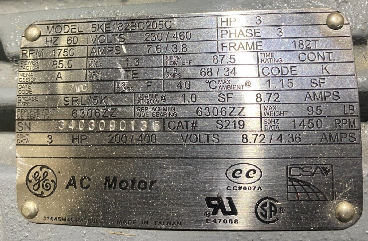 GENERAL ELECTRIC 5KE182BC205C 3PH 230/460V 7.6/3.8A 1750 RPM FRAME 182T  MOTOR