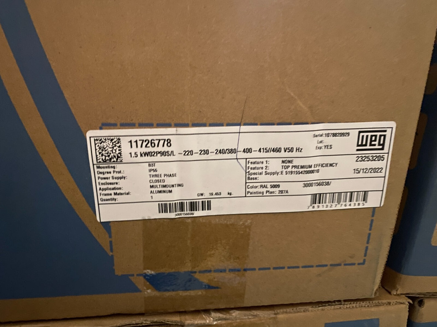 WEG 11726778 23253205 1.5kW 2P 90S/L 220-460V 50Hz B3T MOUNTING 3 PHASE W21 2HP