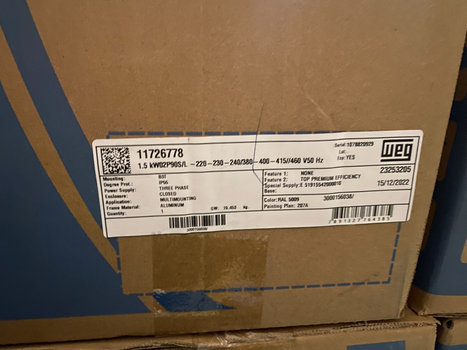 WEG 11726778 23253205 1.5kW 2P 90S/L 220-460V 50Hz B3T MOUNTING 3 PHASE W21 2HP