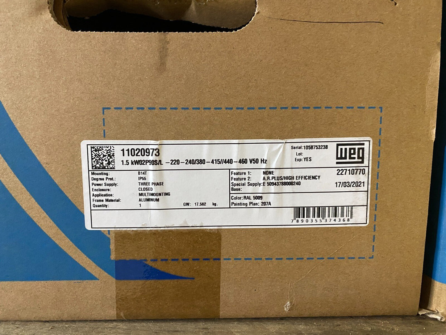 22710770 1.5kW 2P 90S/L 220 - 460V 50Hz 2HP MOUNTING B14T 3PHASE x1pc - KLR Automation