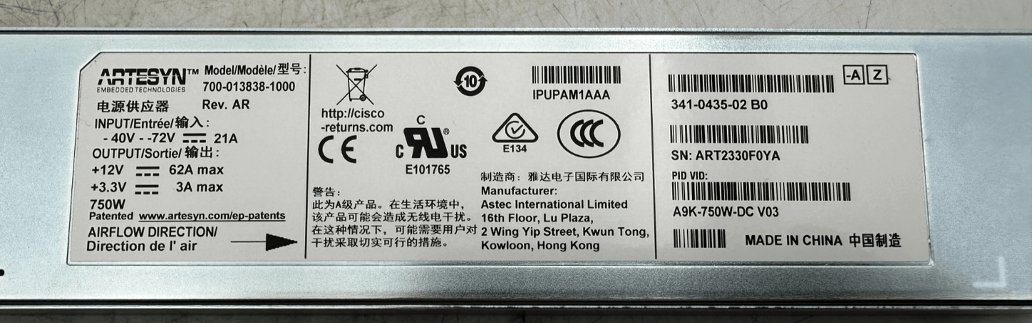 ARTESYN 700 - 013838 - 1000 A9K - 750W - DC V03 341 - 0435 - 02 B0 750W POWER SUPPLY - KLR Automation