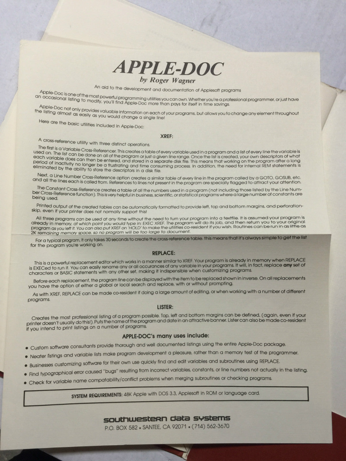 SDS Southwestern Data Systems - Apple-Doc  1979 By Roger Wagner Apple II vintage