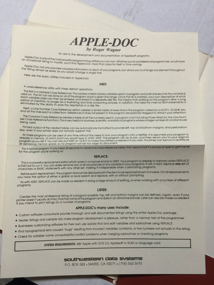 SDS Southwestern Data Systems - Apple-Doc  1979 By Roger Wagner Apple II vintage