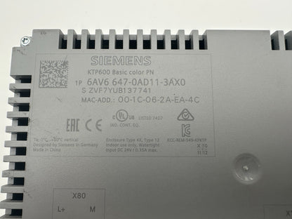 SIEMENS 6AV6647 - 0AD11 - 3AX0 SIMATIC PANEL TOUCH KTP600 BASIC COLOR PN - KLR Automation