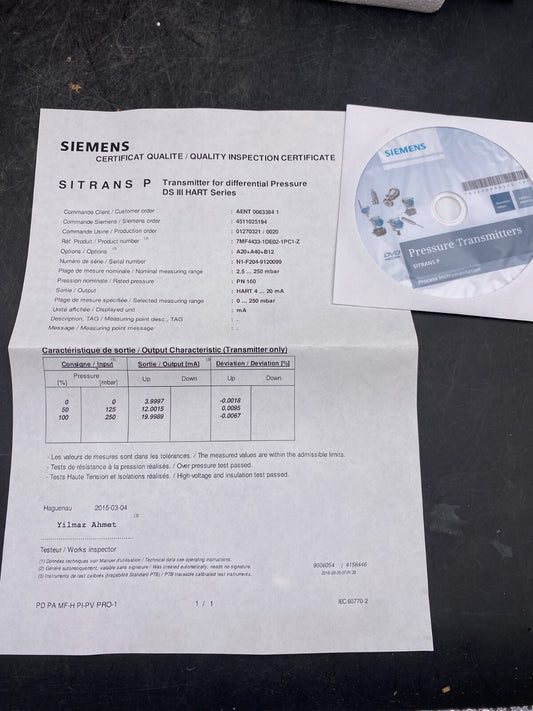 SIEMENS SITRANS P DSIII DIFFERENTIAL PRESSURE 7MF44331DE021PC1-Z 7MF4433