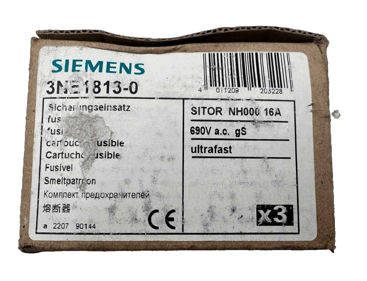 SIEMENS 3NE1813 - 0 SITOR NH000 16A 690VAC CARTOUCHE FUSIBLE x3pc - KLR Automation
