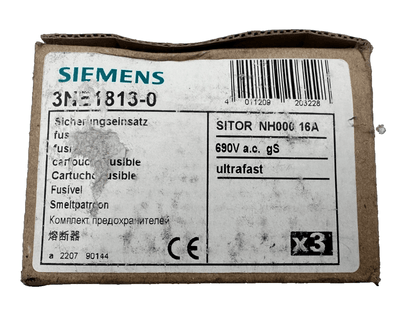 SIEMENS 3NE1813 - 0 SITOR NH000 16A 690VAC CARTOUCHE FUSIBLE x3pc - KLR Automation