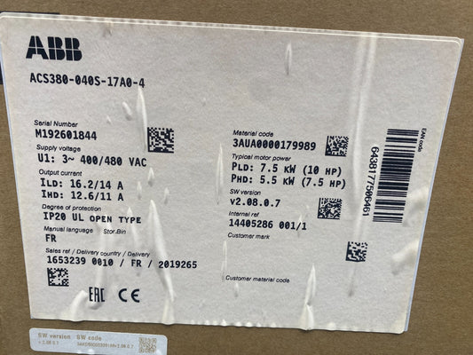 ABB ACS380 - 040S - 17A0 - 4 3AUA0000179989 400/480VAC 7.5kW SW V2.08.0.7 INVERTER - KLR Automation