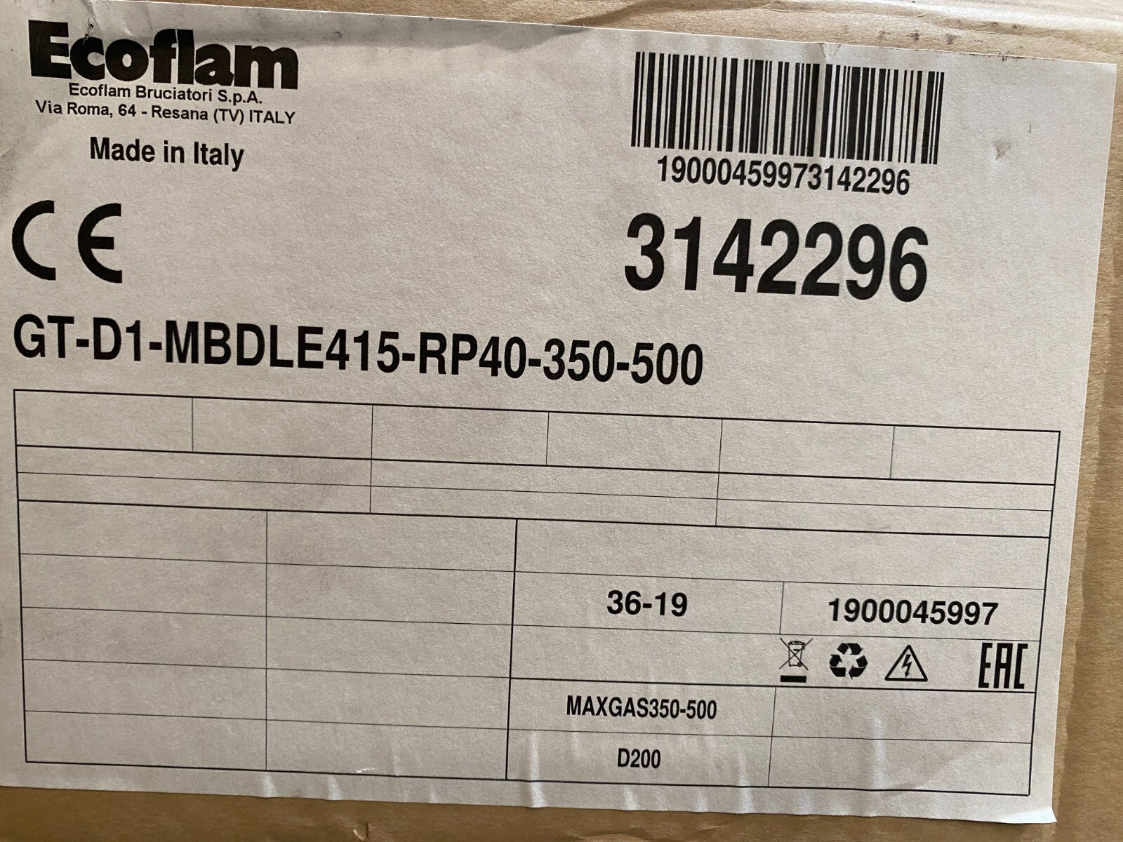 ECOFLAM 3142296 GT - D1 - MBDLE415 - RP40 - 350 - 500 DUNGS MB - DLE 415 MAX GAS 350 - 500 - KLR Automation